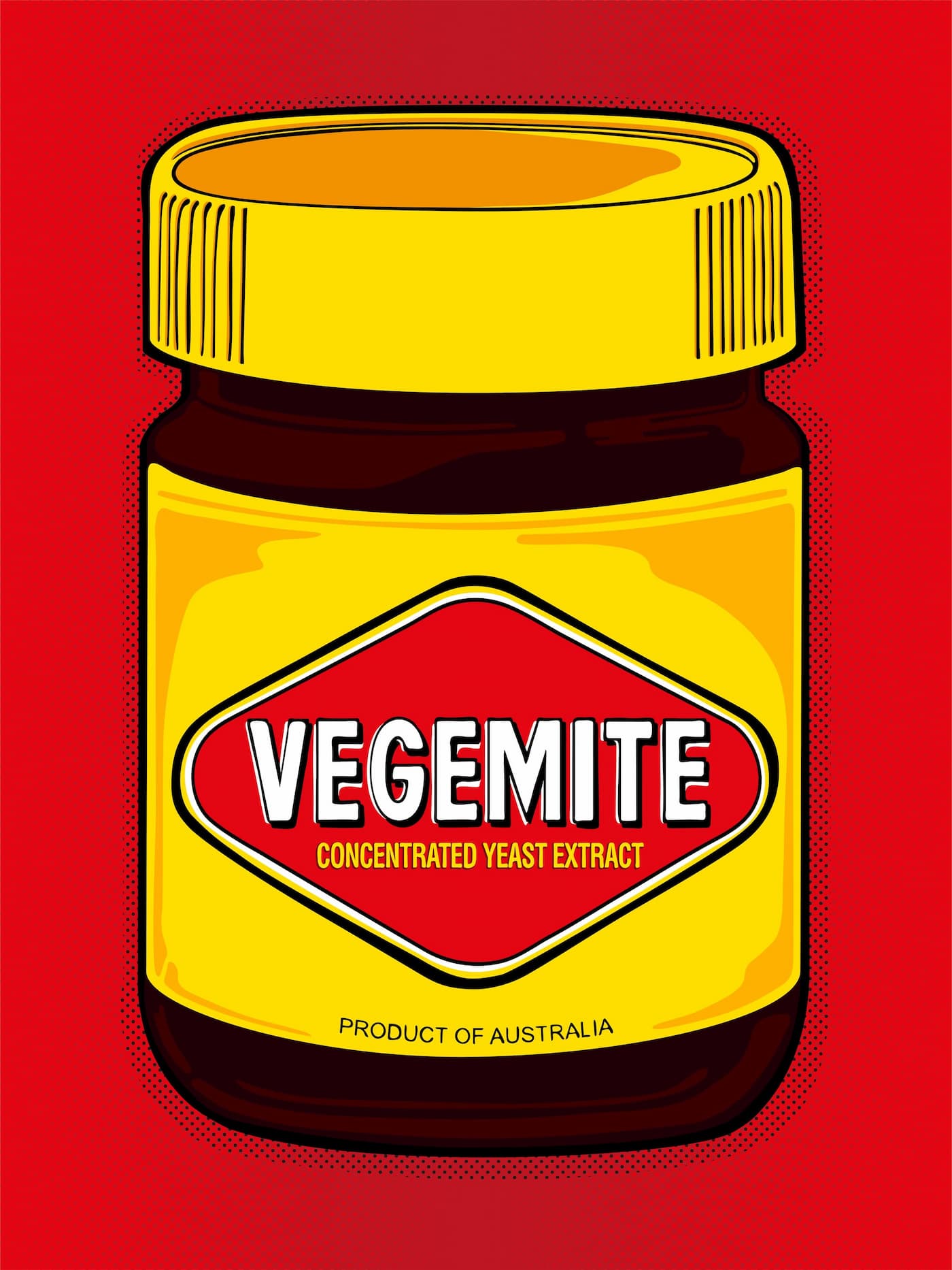 Vegemite, loud and proud—yellow lid, red diamond, and Aussie attitude in pop-art dots. Hero image from Nessy Pop Art, celebrating the national icon with a wink and a smear.