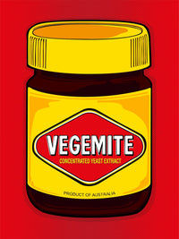 Vegemite, loud and proud—yellow lid, red diamond, and Aussie attitude in pop-art dots. Hero image from Nessy Pop Art, celebrating the national icon with a wink and a smear.