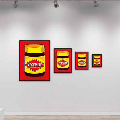 Vegemite in every size—bold yellow lids, red diamonds, and Aussie pride scaled from shelf to statement. A pop-art quartet from Nessy Pop Art, celebrating the national icon in rhythmic repetition