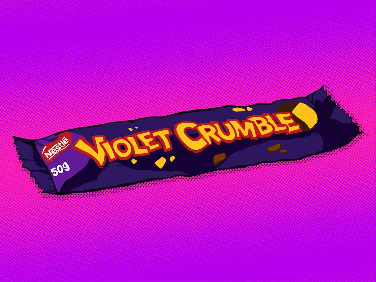 Artwork of Violet Crumble candy bar packaging on a purple background
