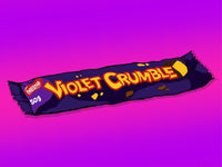 Artwork of Violet Crumble candy bar packaging on a purple background