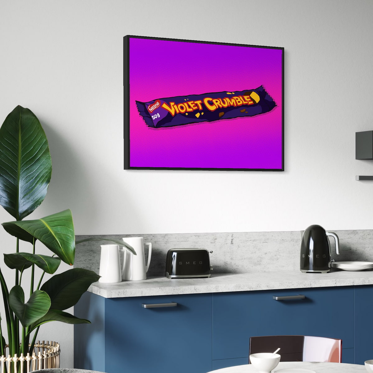 Framed artwork of a Violet Crumble candy bar on a kitchen wall