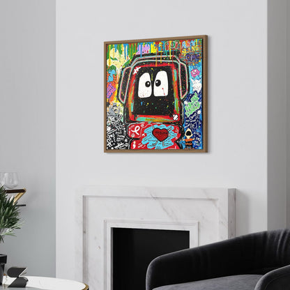 Colorful painting of Hoodie Boy surrounded by elements depicting elements of bullying on a wall above a fireplace