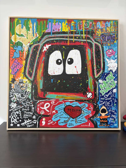 Colorful painting of Hoodie Boy surrounded by elements depicting elements of bullying.