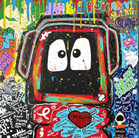 Colorful painting of Hoodie Boy surrounded by elements depicting elements of bullying.