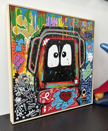 Colorful painting of Hoodie Boy surrounded by elements depicting elements of bullying.