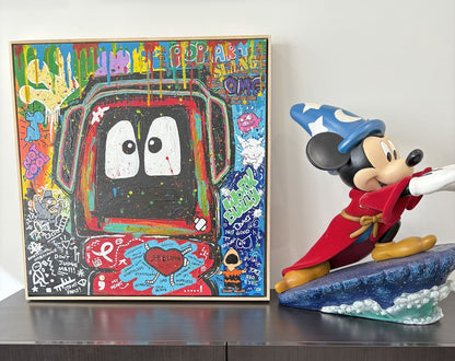 Colorful painting of Hoodie Boy surrounded by elements depicting elements of bullying, with a character figure on a shelf