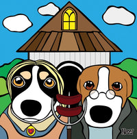 Two dogs dressed in vintage farm attire—framed parody of American Gothic featuring pitchfork with sausages, barn backdrop, and expressive canine faces. From Nessy Pop Art.