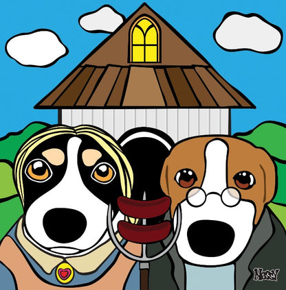 Two dogs dressed in vintage farm attire—framed parody of American Gothic featuring pitchfork with sausages, barn backdrop, and expressive canine faces. From Nessy Pop Art.