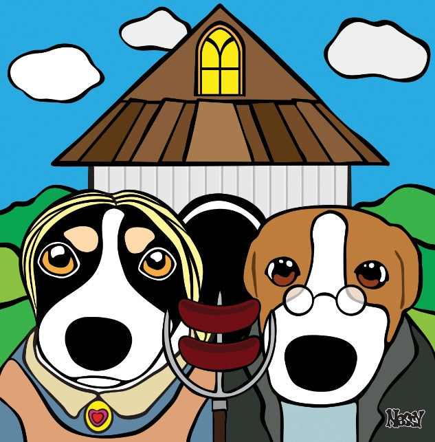 Two dogs dressed in vintage farm attire—framed parody of American Gothic featuring pitchfork with sausages, barn backdrop, and expressive canine faces. From Nessy Pop Art.