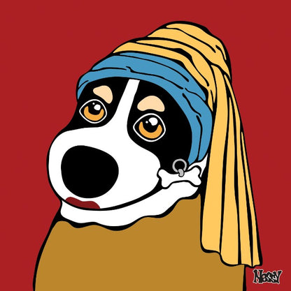 Canine Vermeer—black-and-white dog with expressive eyes, blue-and-yellow headscarf, and bone earring, posed against bold red backdrop. A whimsical nod to Girl with a Pearl Earring, reimagined by Nessy Pop Art.