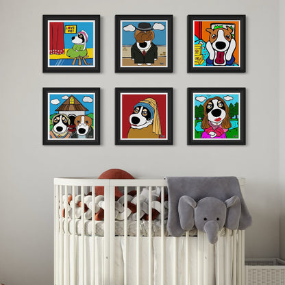 Dog-themed art gallery in nursery—six framed cartoon dog portraits above white crib with plush toys, including elephant. Pop art meets playtime in Nessy Pop Art’s cheeky classics.
