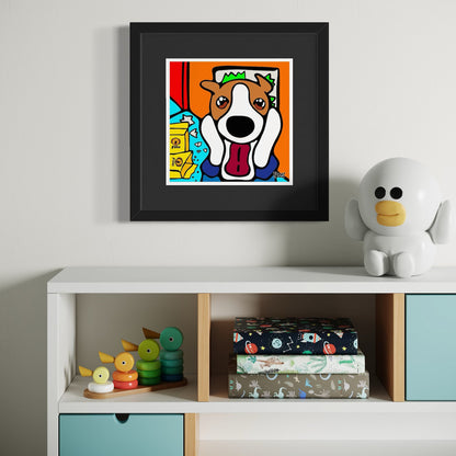 Framed cartoon dog with wide eyes and tongue out—playful parody of The Scream featuring bold colors and surreal energy, staged above white shelf with stacking toys, books, and bird-like figurine. Giclée print, 18x18cm from Nessy Pop Art