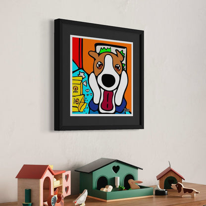 Framed cartoon dog with wide eyes and tongue out—playful parody of The Scream featuring vibrant backdrop, dog food box, and bone. Hung above shelf of colorful house-shaped decor. Giclée print, 30x30cm from Nessy Pop Art