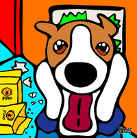 Howl of canine chaos—cartoon dog with wide eyes and tongue out, surrounded by torn food bags and bold color blocks. A playful nod to The Scream, reimagined as ‘Howl’ by Nessy Pop Art