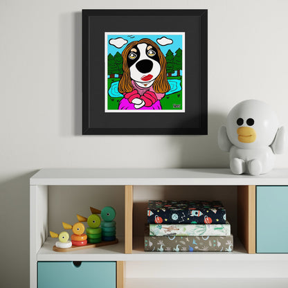 Stylized dog portrait in pink outfit with long brown hair—framed above pastel-toned cabinet with stacking toys and books, set beside white bird-like figure. Scenic lake and forest backdrop. Acrylic canvas, 18x18cm from Nessy Pop Art