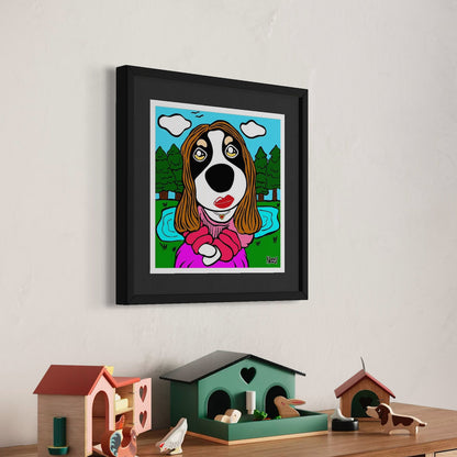 Framed cartoon dog portrait in pink outfit with red lips and long brown hair—hung above shelf of birdhouses and animal figurines, set against scenic pond and forest sky. A playful nod to Mona Lisa, reimagined by Nessy Pop Art.
