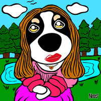 Modern Lisa with canine charm—anthropomorphic dog in pink sweater and heart pendant, posed with crossed arms against twin lakes and forest sky. A cheeky nod to Mona Lisa, reimagined by Nessy Pop Art.