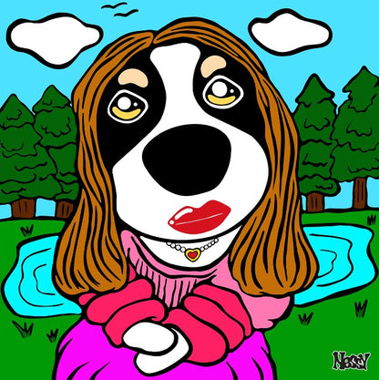 Modern Lisa with canine charm—anthropomorphic dog in pink sweater and heart pendant, posed with crossed arms against twin lakes and forest sky. A cheeky nod to Mona Lisa, reimagined by Nessy Pop Art.