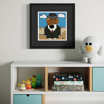 Dog in suit and bowler hat with chicken obscuring face—framed parody of The Son of Man set against clouded sky and landscape, staged above white cabinet with toys, patterned boxes, and bird-like figurine. Giclée print, 18x18cm from Nessy Pop Art