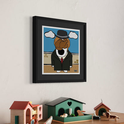 Cartoon parody of The Son of Man—stylized dog in suit and bowler hat with bun obscuring face, set against clouded sky and brick wall. Giclée print, 30x30cm from Nessy Pop Art.