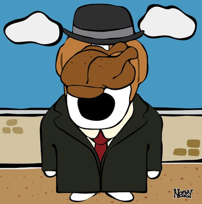 Cartoon parody of The Son of Man—stylized figure in black suit and bowler hat with bun obscuring face, set against clouded sky and brick wall. A surrealist nod with animated charm, reimagined by Nessy Pop Art.