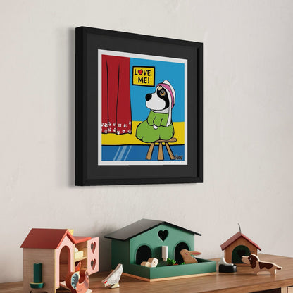 Dog in bonnet and green dress seated beside red curtain with paw prints— parody of Whistler’s Mother with ‘LOVE ME!’ sign overhead, staged above shelf of colorful house-shaped decor and animal figurines. Giclée print, 30x30cm from Nessy Pop Art
