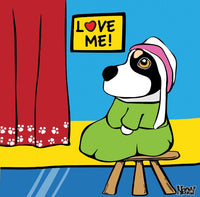 Cartoon dog in bonnet and green dress seated on stool beside red curtain with paw prints— parody of Whistler’s Mother, complete with ‘LOVE ME!’ sign overhead. Reimagined by Nessy Pop Art.