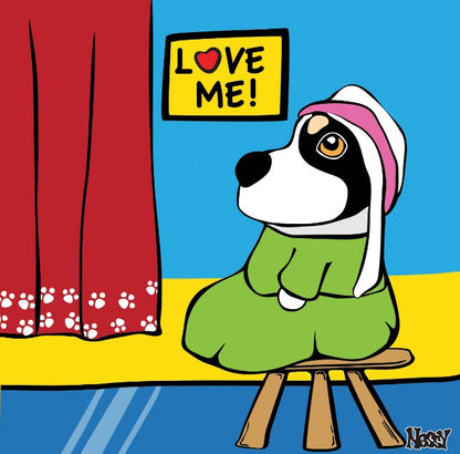 Cartoon dog in bonnet and green dress seated on stool beside red curtain with paw prints— parody of Whistler’s Mother, complete with ‘LOVE ME!’ sign overhead. Reimagined by Nessy Pop Art.