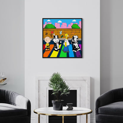 Framed artwork of cartoon characters on a wall in a living room setting.
