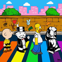 Cartoon icons walk a rainbow crosswalk in pop art tribute to Pulse victims—celebrating love, unity, and resilience with bold color and joy.