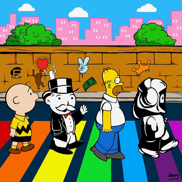 Cartoon icons walk a rainbow crosswalk in pop art tribute to Pulse victims—celebrating love, unity, and resilience with bold color and joy.