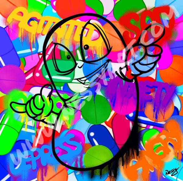 Colorful artwork of a pill character overcoming depression and anxiety.