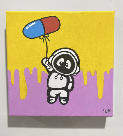 A colorful painting of Hoodie Boy being lifted up by a balloon in the shape of a pill.