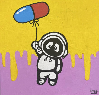 A colorful painting of Hoodie Boy being lifted up by a balloon in the shape of a pill.