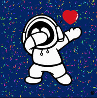 Hoodie Boy dabbing with a red heart on a blue background with colorful sprinkles