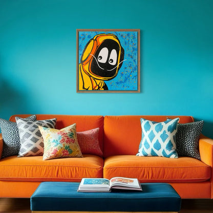 Orange sofa with colorful pillows against a blue wall with a framed painting of Hoodie Boy dressed as Salvadore Dali