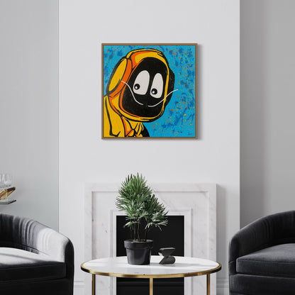 Painting of Hoodie Boy dressed as Salvadore Dali on a white wall above a round table with a plant.