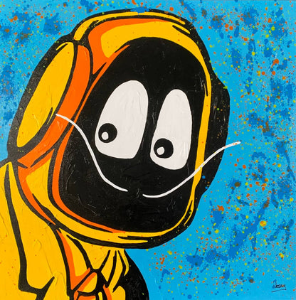 Painting of the Hoodie Boy character dressed as Salvadore Dali.