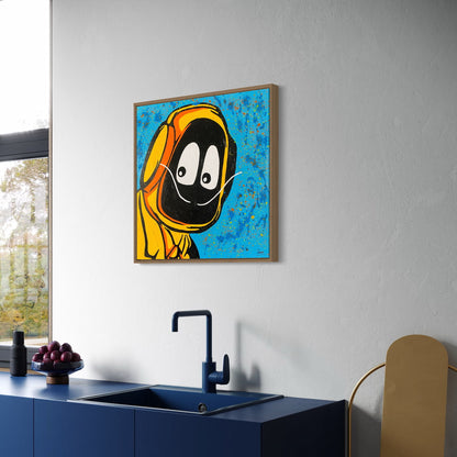 Modern kitchen with a colorful abstract painting of Hoodie Boy dressed as Salvadore Dali on the wall.