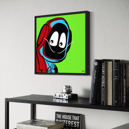 Framed colorful artwork oof Hoodie Boy dressed as Salvadore Dali on a wall above a shelf with books.
