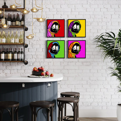 Four colorful framed artworks of Hoodie Boy dressed as Salvadore Dali on a white brick wall above a bar with stools.