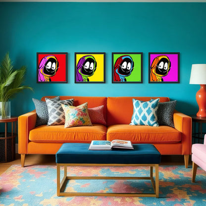 Living room with an orange sofa, colorful pillows, and framed artwork of Hoodie Boy dressed as Salvadore Dali on a blue wall.