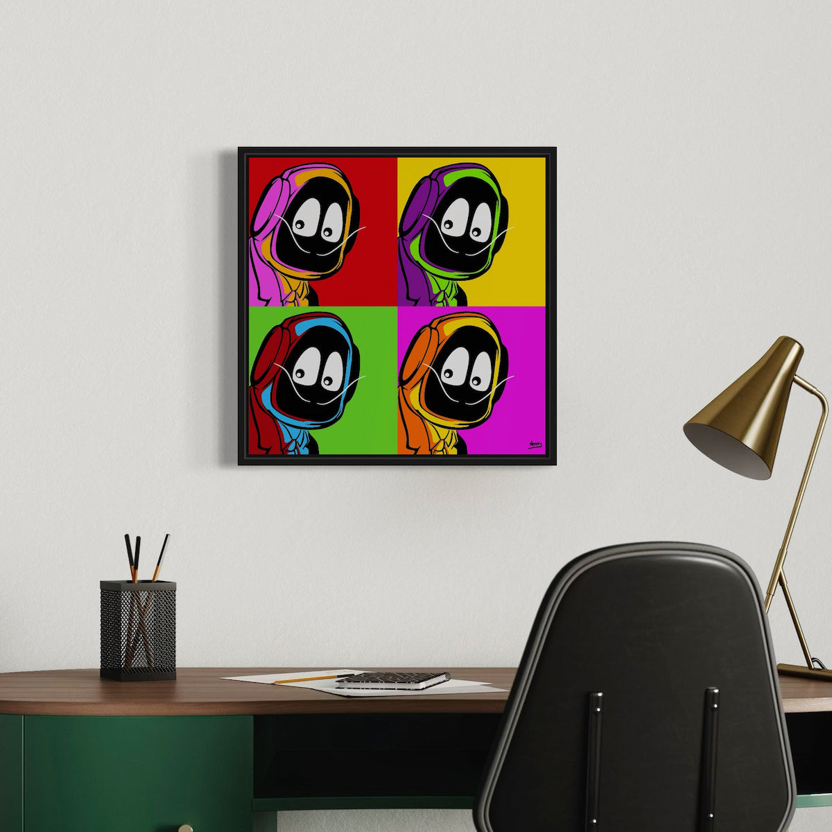 Framed colorful artwork of Hoodie Boy dressed as Salvadore Dali on a wall above a desk.