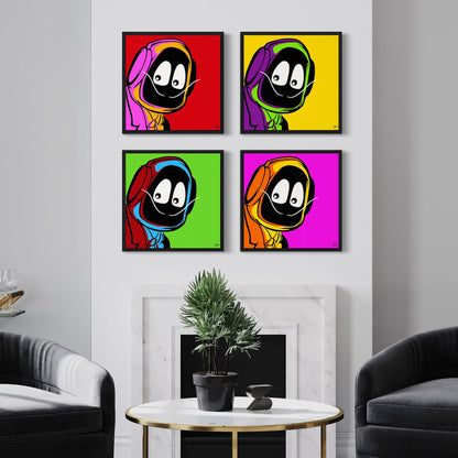 Four colorful framed artworks of Hoodie Boy dressed as Salvadore Dali on a wall above a round table with a plant.