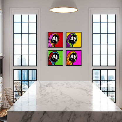 Colorful abstract art of Hoodie Boy dressed as Salvadore Dali on a wall above a marble table with large windows in the background.