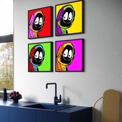 Four colorful framed artworks of Hoodie Boy dressed as Salvadore Dali on a wall above a kitchen sink.