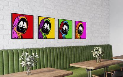 Colorful cartoon character artwork of Hoodie Boy dressed as Salvadore Dali on a white brick wall above green booth seating.