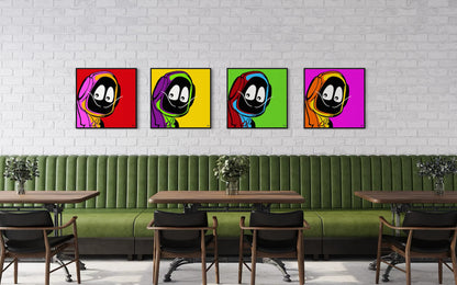 Four colorful cartoon character portraits of Hoodie Boy dressed as Salvadore Dali on a white brick wall above a green booth.