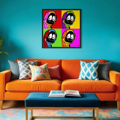 Orange sofa with colorful pillows against a blue wall with a framed artwork of Hoodie Boy dressed as Salvadore Dali.
